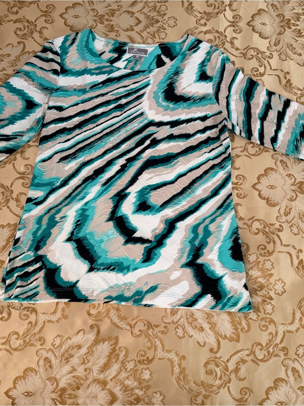 J. McLaughlin Teal, Black & White Wave-Print Long Sleeve Tee